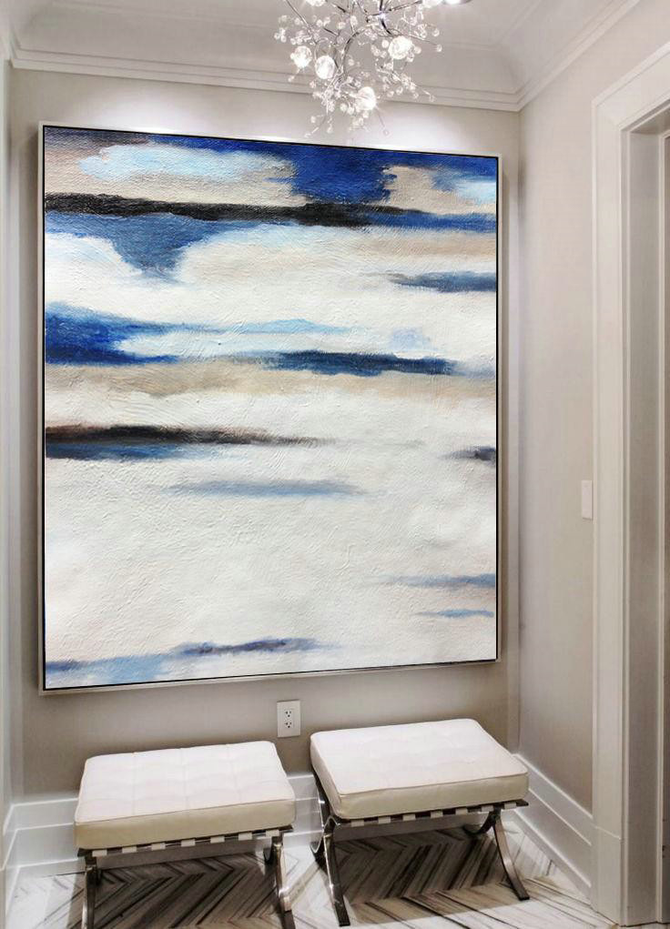 Oversized Abstract Landscape Painting,Hand Painted Original Art,White,Gray,Blue